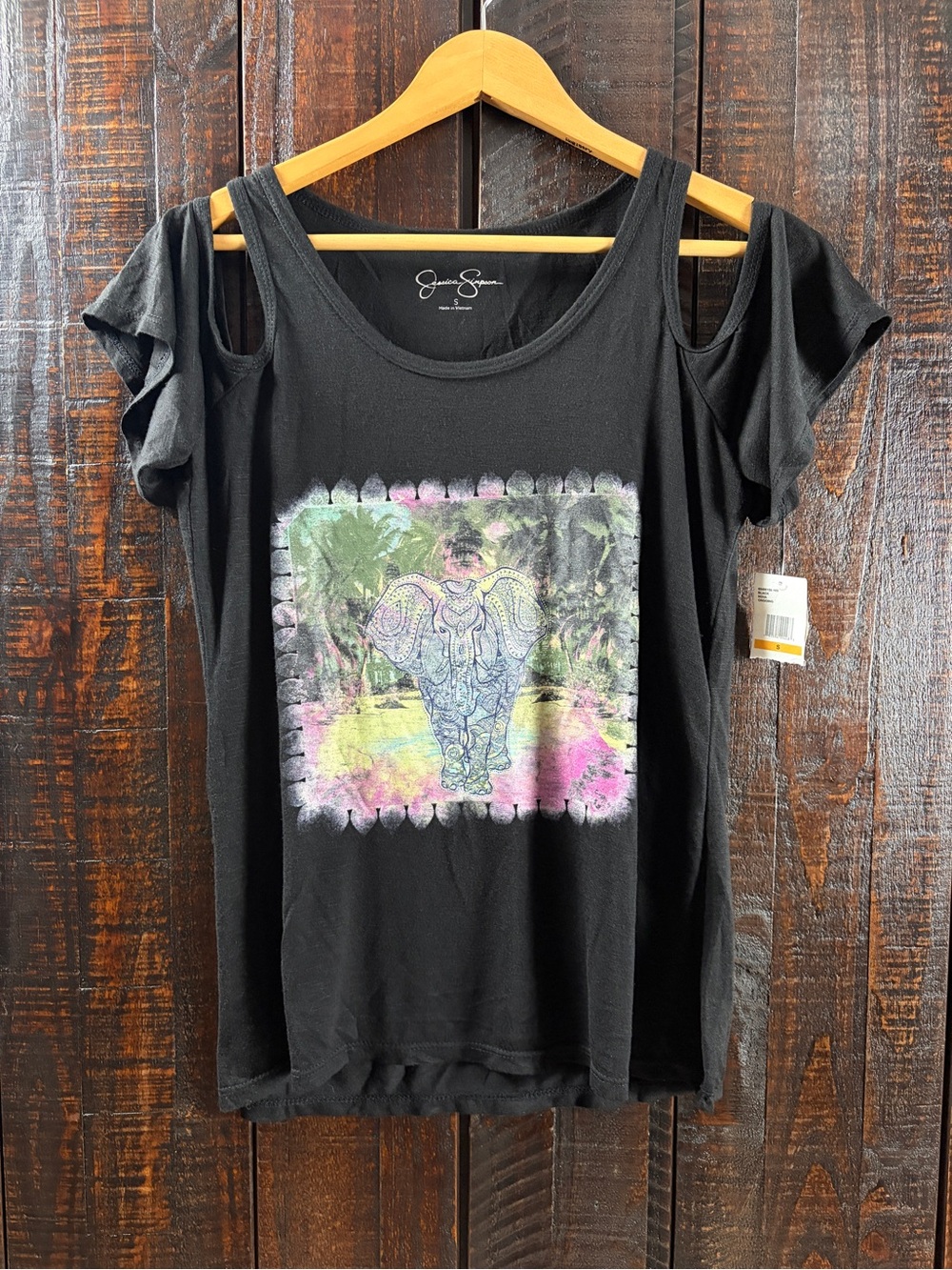 Jessica Simpson Black Cold-Shoulder Elephant Graphic Tee NWT Small - Picture 2 of 4